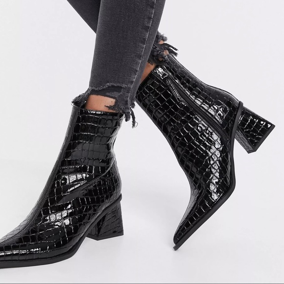 Topshop Shoes - Topshop Bronx Boots Patent Croc Embossed Side Zip